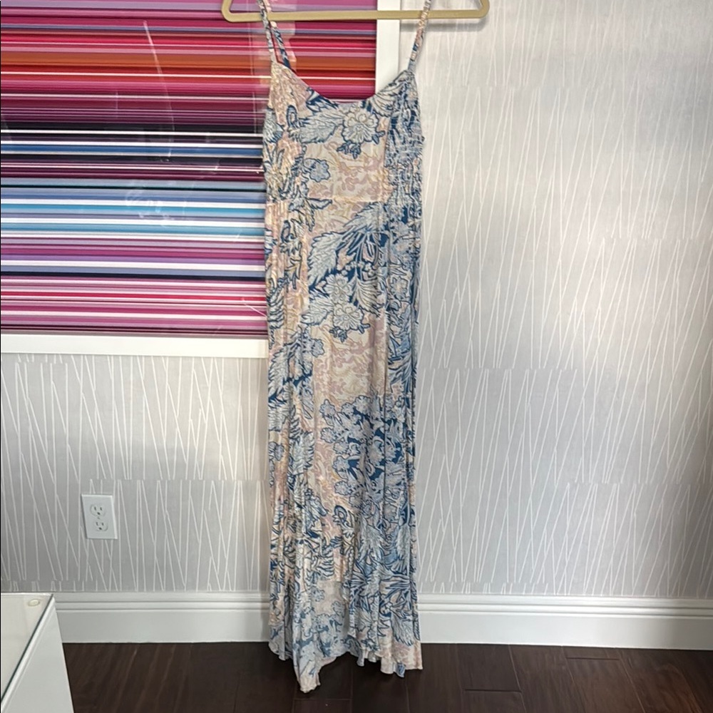 Cream Maxi Slip Dress with Blue Floral Print